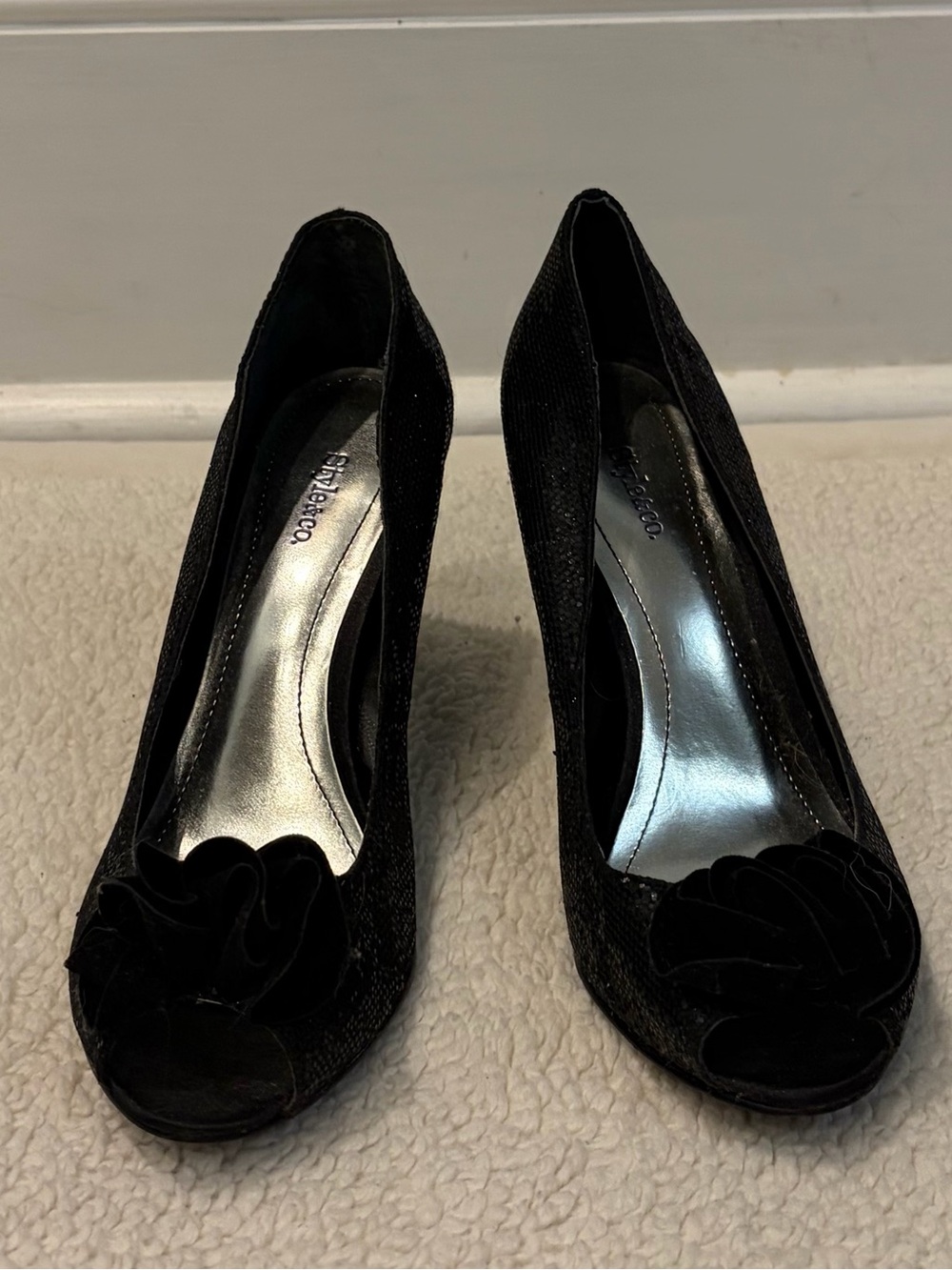 Style & Co. Black Sparkle Peep-Toe Heels with Rosette